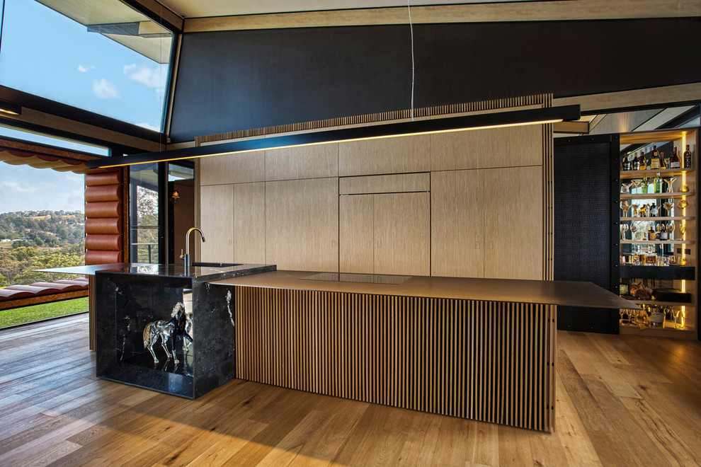 This is an example of an expansive contemporary galley kitchen pantry in Brisbane with an island.