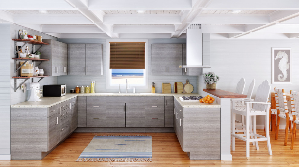 Foto på ett mellanstort funkis beige kök, med en undermonterad diskho, släta luckor, bruna skåp, bänkskiva i kvarts, beige stänkskydd, stänkskydd i trä, ljust trägolv, en halv köksö och orange golv