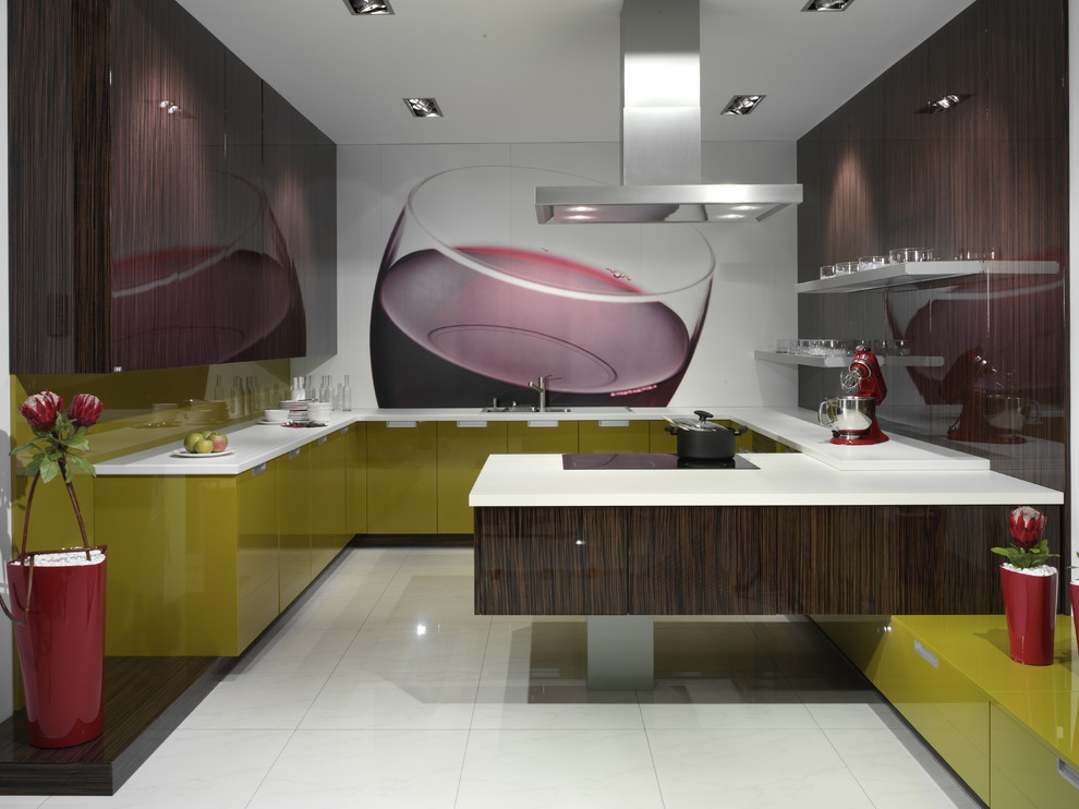 Inspiration for a mid-sized contemporary u-shaped ceramic tile enclosed kitchen remodel in London with a double-bowl sink, flat-panel cabinets, dark wood cabinets, solid surface countertops and an island
