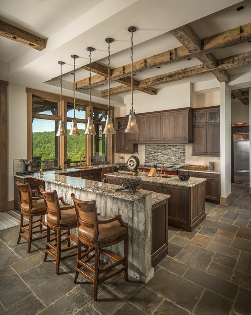 Rustic Kitchen Cabinets with Multicolored Backsplash
