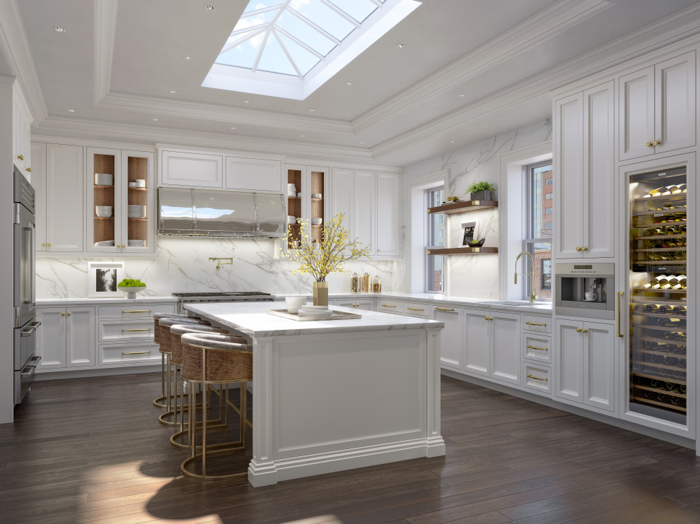 Idéer för funkis grått kök, med en undermonterad diskho, skåp i shakerstil, vita skåp, marmorbänkskiva, grått stänkskydd, stänkskydd i marmor, rostfria vitvaror, ljust trägolv och en köksö