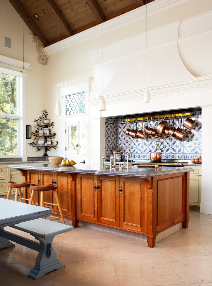 Inspiration for a timeless eat-in kitchen remodel in San Francisco with medium tone wood cabinets and multicolored backsplash