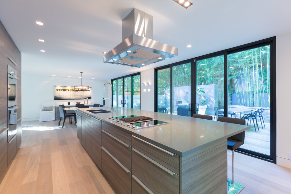 Photo of a contemporary galley kitchen in DC Metro with a double-bowl sink, flat-panel cabinets, grey cabinets, medium hardwood flooring and an island.