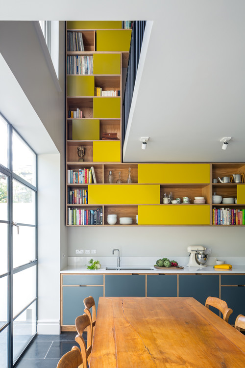 Wood Accents in Gray and Yellow Cabinets - Retro Kitchen Ideas