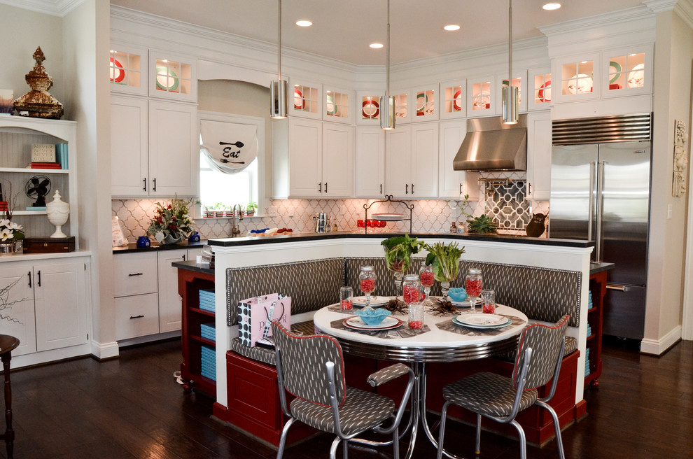 Elegant l-shaped eat-in kitchen photo in Richmond with recessed-panel cabinets, white cabinets and stainless steel appliances