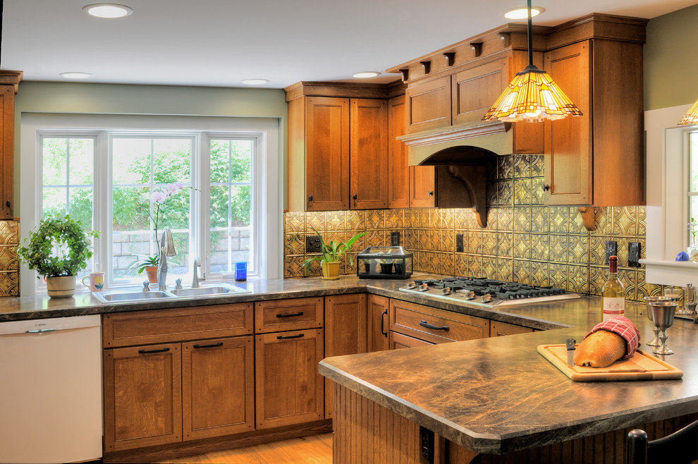 Mid-sized transitional u-shaped medium tone wood floor and brown floor eat-in kitchen photo in Boston with a double-bowl sink, medium tone wood cabinets, laminate countertops, brown backsplash, metal backsplash, white appliances, recessed-panel cabinets and a peninsula