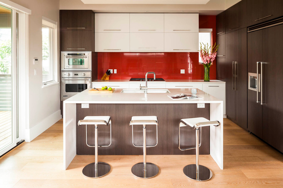 Minimalist kitchen photo in Vancouver with flat-panel cabinets, white cabinets, red backsplash and paneled appliances