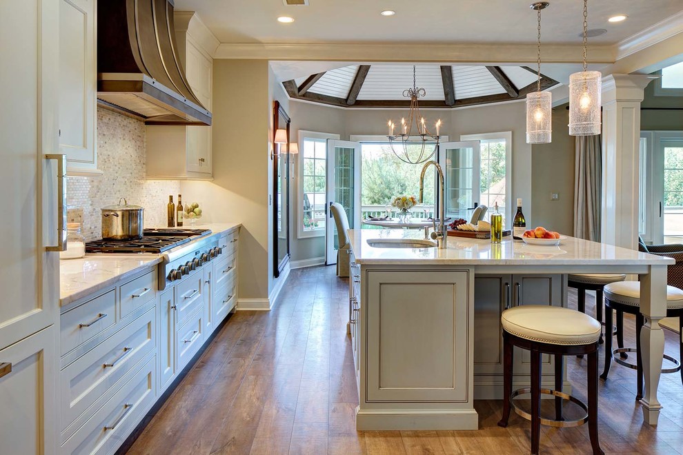 Eat-in kitchen - large rustic single-wall dark wood floor and brown floor eat-in kitchen idea in New York with an undermount sink, shaker cabinets, white cabinets, granite countertops, white backsplash, mosaic tile backsplash, stainless steel appliances and an island