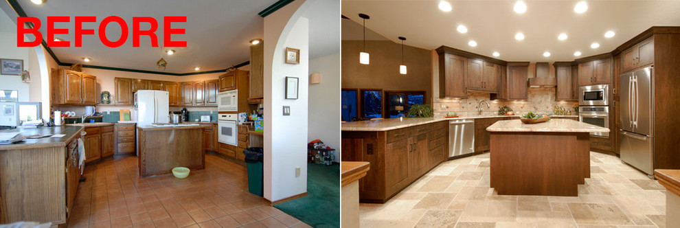 Design ideas for a classic u-shaped kitchen/diner in Denver with a double-bowl sink, granite worktops, stainless steel appliances and travertine flooring.