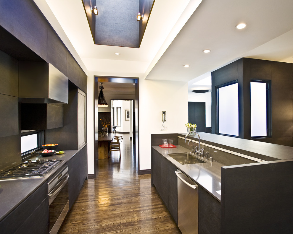 На фото: параллельная кухня в стиле модернизм с плоскими фасадами, темными деревянными фасадами и техникой из нержавеющей стали