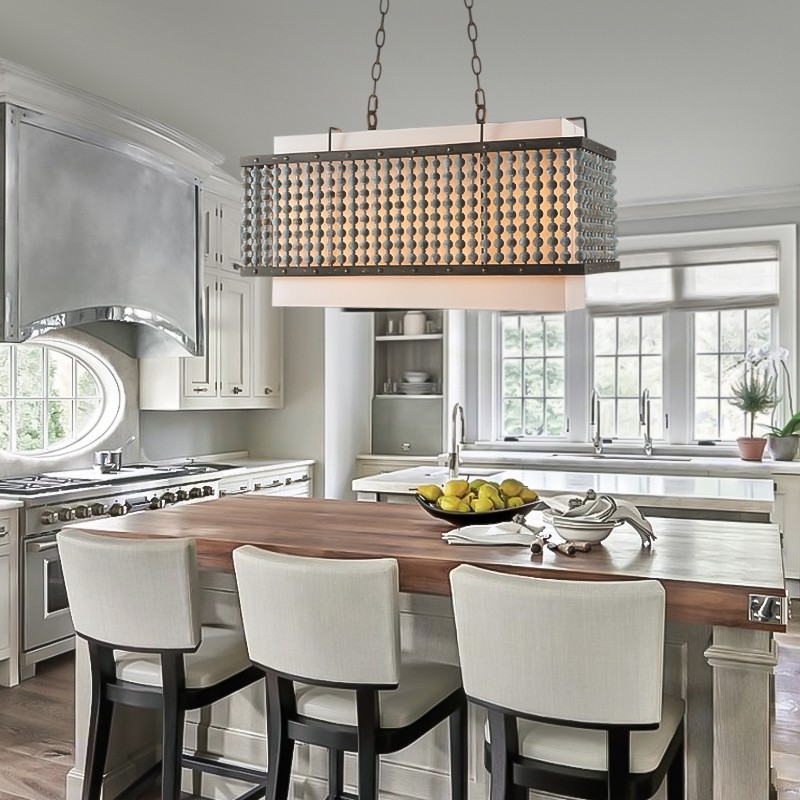 Malia Vintage Rustic 5Light Distressed Wood Beads Rectangular Matal