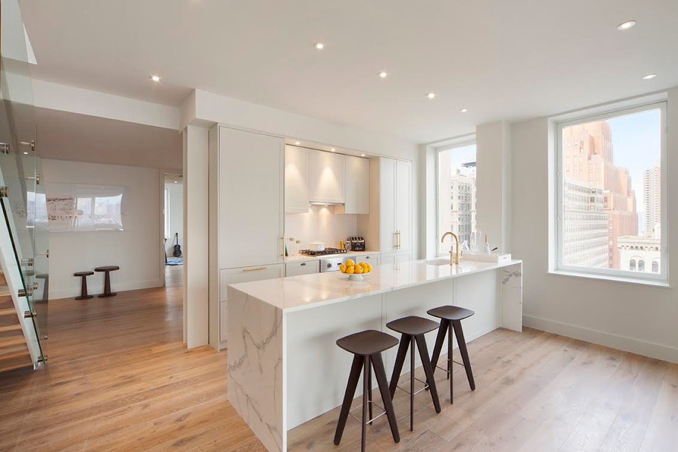 Esempio di una piccola cucina design con ante lisce, ante bianche, pavimento in legno massello medio, top in marmo e elettrodomestici in acciaio inossidabile