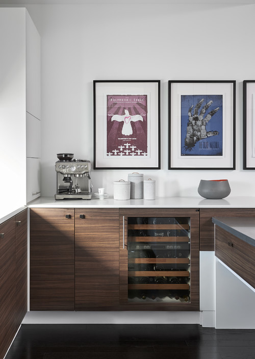 Embrace Modernity with Dark Wood Cabinets and White Countertops in Your Kitchen Coffee Bar Ideas