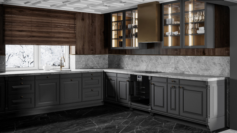 Идея дизайна: угловая кухня в классическом стиле с одинарной мойкой, серым фартуком, мраморным полом и черным полом