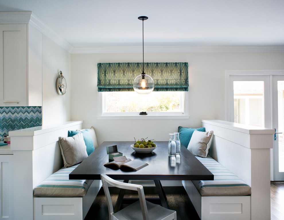 Trendy kitchen photo in San Francisco with shaker cabinets, white cabinets and blue backsplash