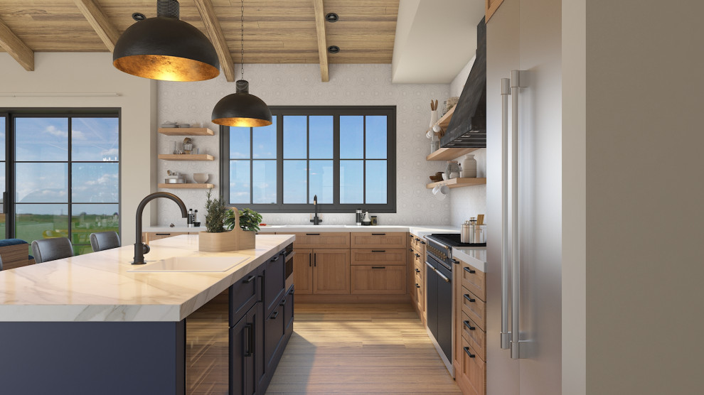 Example of a large minimalist l-shaped light wood floor and brown floor kitchen design in San Francisco with an undermount sink, recessed-panel cabinets, distressed cabinets, quartz countertops, gray backsplash, mosaic tile backsplash, stainless steel appliances, an island and white countertops