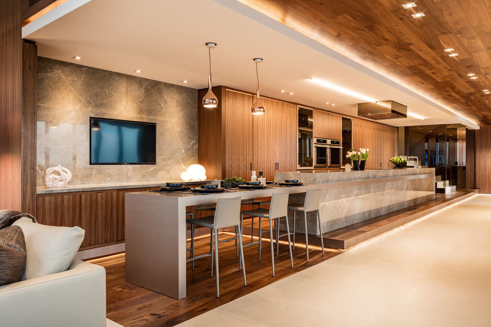 Offene Moderne Küche mit flächenbündigen Schrankfronten, hellbraunen Holzschränken, Küchengeräten aus Edelstahl und Kücheninsel in Sonstige