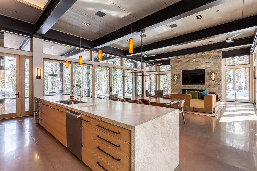 На фото: параллельная кухня-гостиная в современном стиле с врезной мойкой, плоскими фасадами, фасадами цвета дерева среднего тона, бетонным полом и островом с