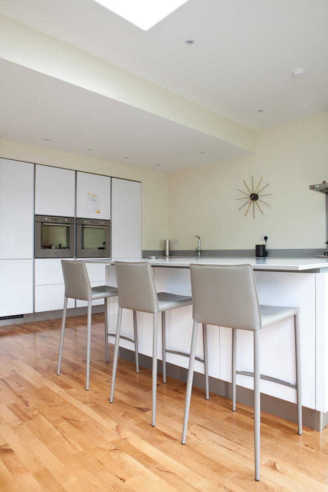 Cette image montre une cuisine américaine minimaliste avec un placard à porte plane, des portes de placard blanches et îlot.