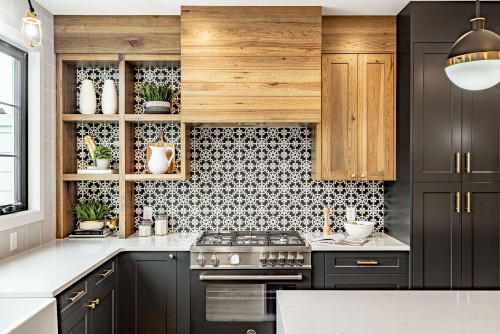 Wood Open Shelving with Black and White Tile Backsplash for Rustic Kitchen Cabinet Concepts