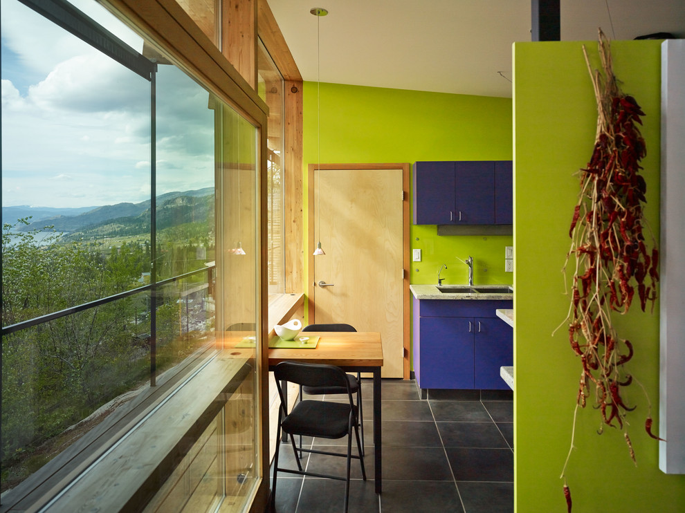 Moderne Küche mit flächenbündigen Schrankfronten und blauen Schränken in Vancouver