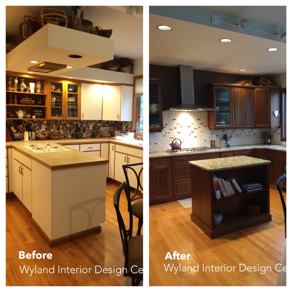 Photo of a large classic u-shaped kitchen/diner in Seattle with a submerged sink, raised-panel cabinets, dark wood cabinets, engineered stone countertops, white splashback, metro tiled splashback, stainless steel appliances, medium hardwood flooring and multiple islands.