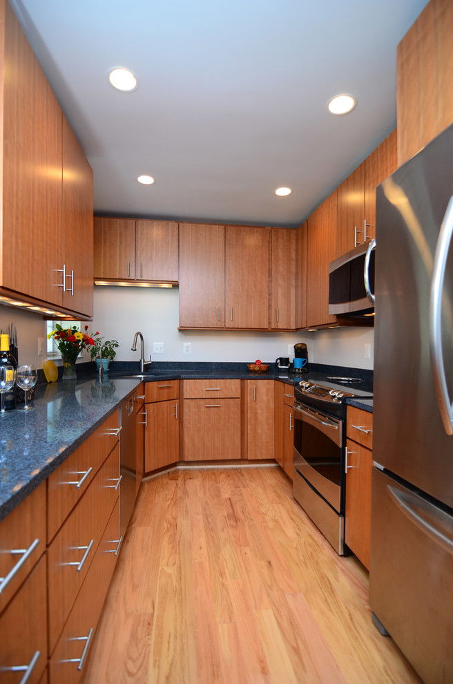 Geschlossene Moderne Küche in U-Form mit flächenbündigen Schrankfronten, hellbraunen Holzschränken und Küchengeräten aus Edelstahl in Washington, D.C.