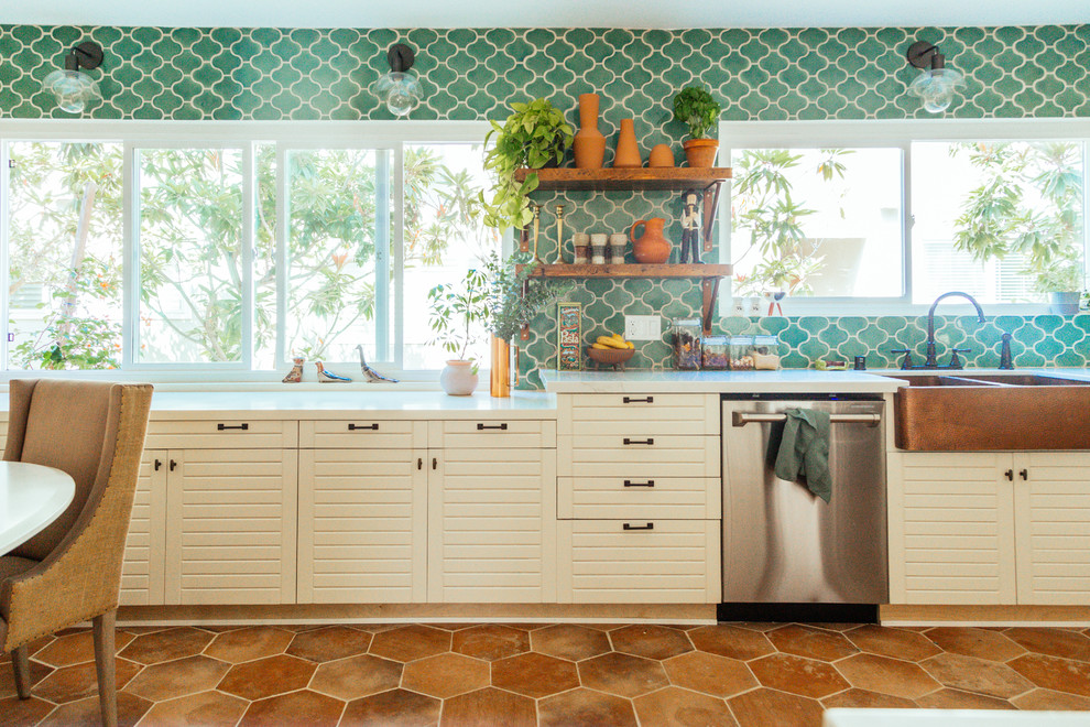 Inspiration for an eclectic kitchen in San Francisco with blue splashback and ceramic splashback.