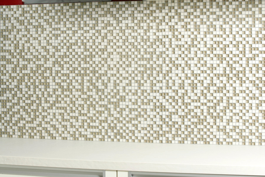 Minimalist kitchen photo in Melbourne with beige backsplash and mosaic tile backsplash