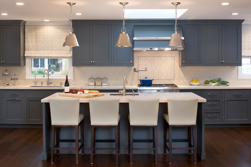 Contemporary kitchen in San Francisco with shaker cabinets and grey cabinets.