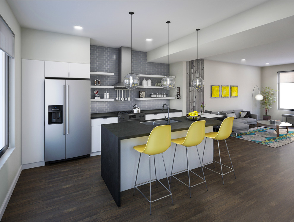 Design ideas for a medium sized modern single-wall open plan kitchen in Richmond with a double-bowl sink, flat-panel cabinets, white cabinets, concrete worktops, grey splashback, ceramic splashback, stainless steel appliances, medium hardwood flooring, an island and brown floors.