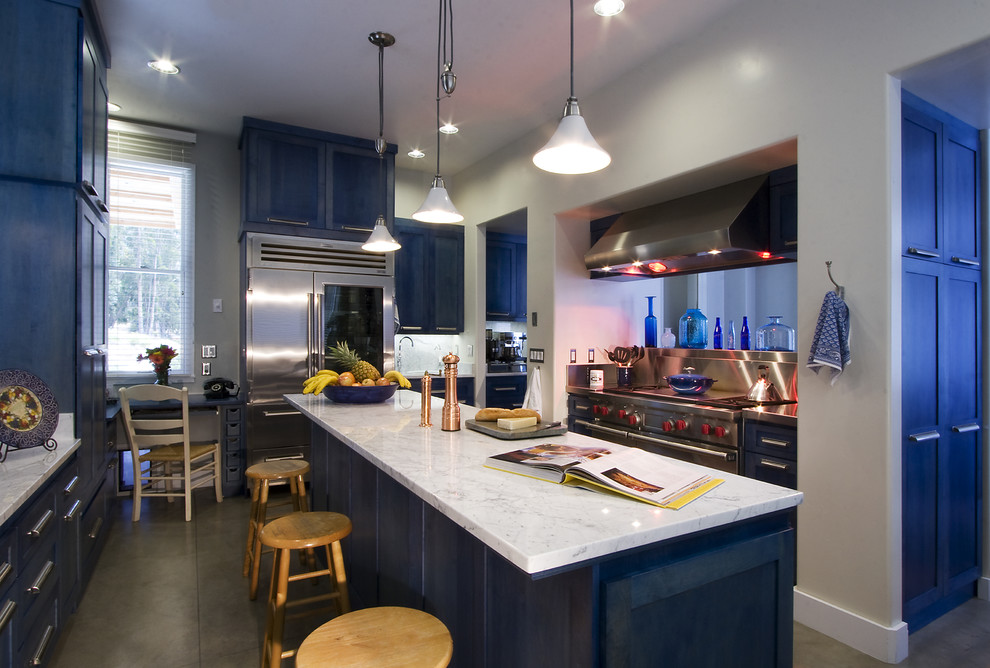 Imagen de cocina actual con electrodomésticos de acero inoxidable, armarios estilo shaker y puertas de armario azules