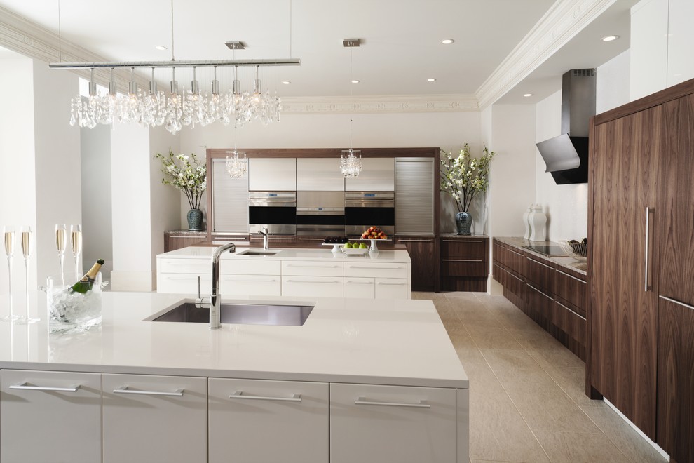 Стильный дизайн: кухня в современном стиле с техникой под мебельный фасад и двухцветным гарнитуром - последний тренд