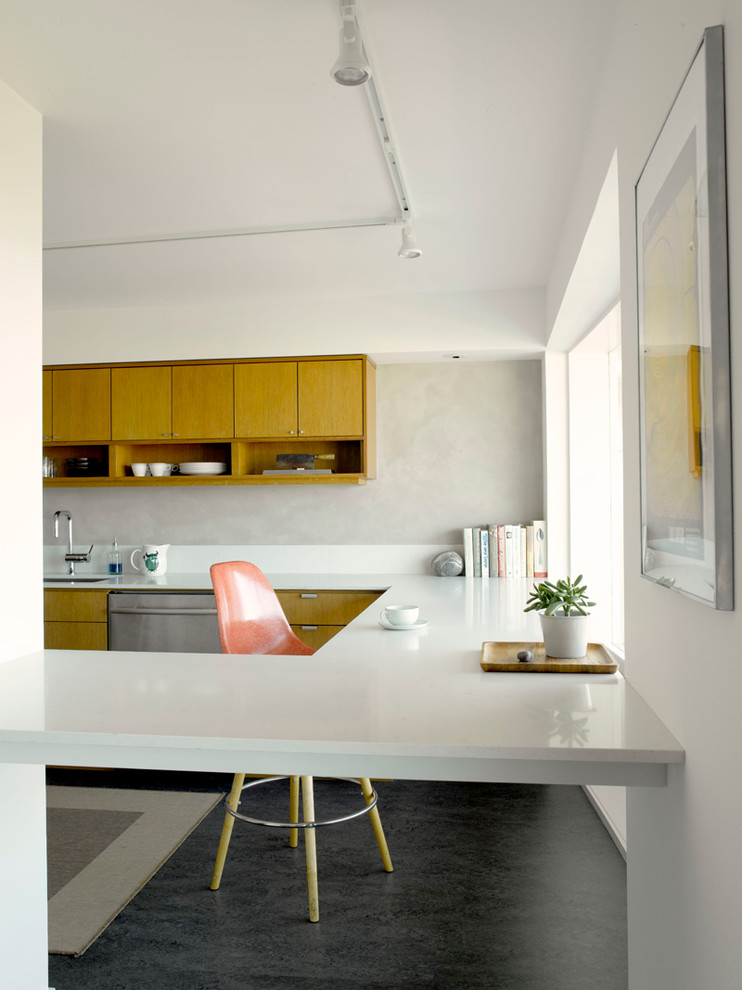 На фото: кухня в стиле ретро с плоскими фасадами и фасадами цвета дерева среднего тона с