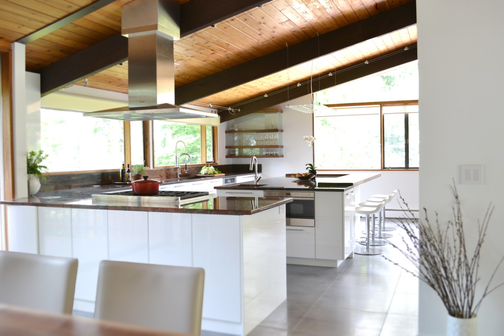 Photo of an expansive modern l-shaped kitchen/diner in New York with a submerged sink, flat-panel cabinets, white cabinets, quartz worktops, stainless steel appliances, porcelain flooring and an island.