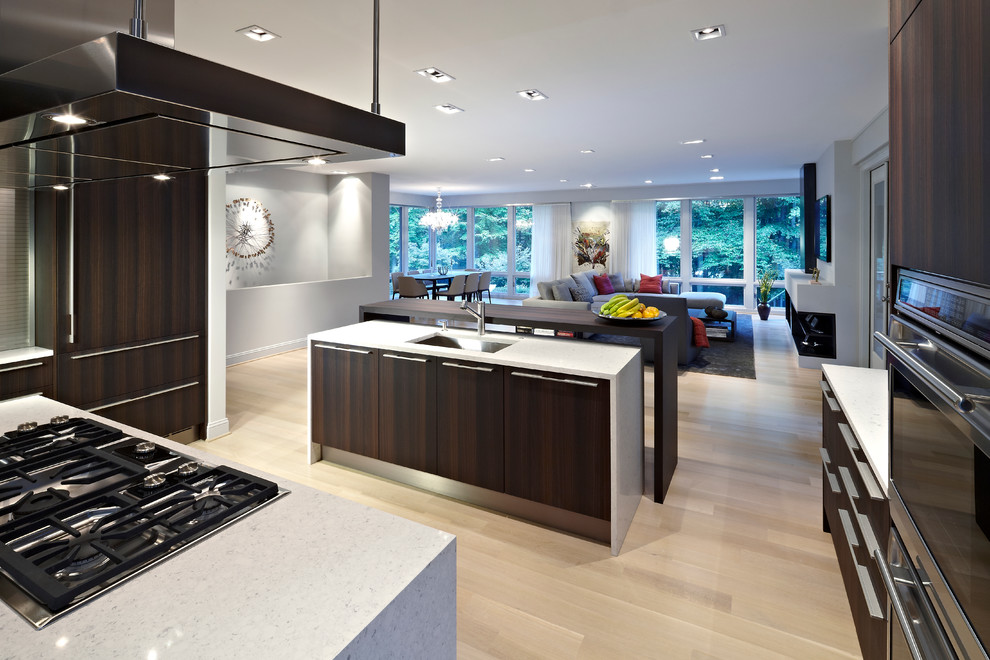 Photo of a modern u-shaped kitchen/diner in DC Metro with an integrated sink, flat-panel cabinets, dark wood cabinets, engineered stone countertops, stainless steel appliances, white splashback and stone slab splashback.
