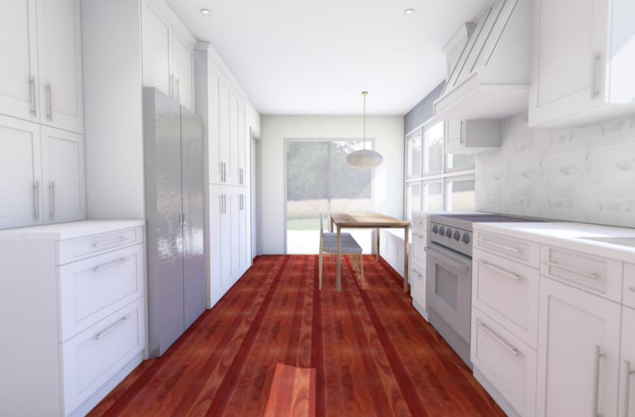 Exempel på ett mellanstort 60 tals vit vitt kök, med en undermonterad diskho, skåp i shakerstil, vita skåp, bänkskiva i kvarts, vitt stänkskydd, stänkskydd i marmor, rostfria vitvaror, mellanmörkt trägolv, en halv köksö och rött golv