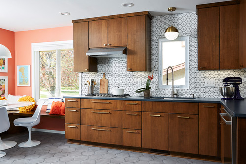 mid-century modern-style kitchen cabinets with matching drawer fronts