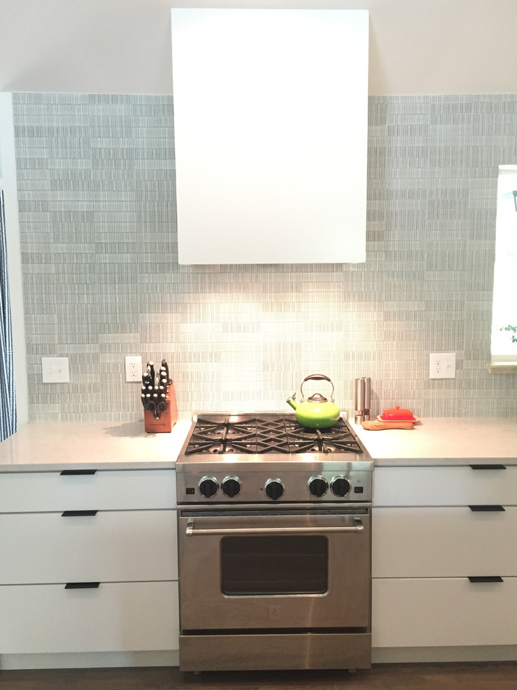 Medium sized retro galley kitchen/diner in Denver with a submerged sink, flat-panel cabinets, white cabinets, composite countertops, grey splashback, mosaic tiled splashback, stainless steel appliances, dark hardwood flooring and brown floors.