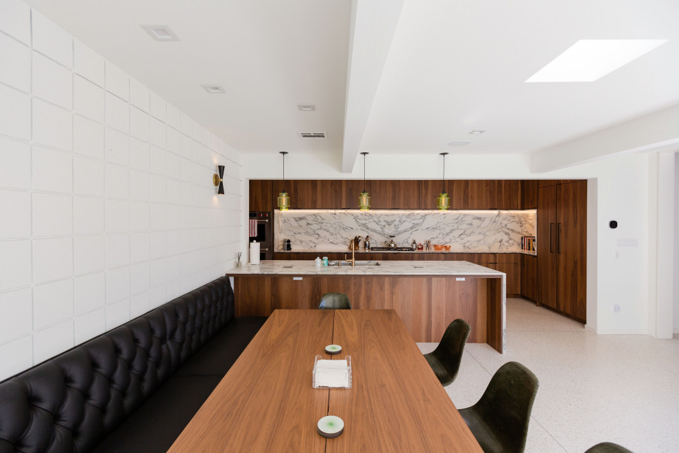 Inspiration for a large midcentury single-wall kitchen/diner in Other with a submerged sink, flat-panel cabinets, dark wood cabinets, engineered stone countertops, white splashback, engineered quartz splashback, integrated appliances, terrazzo flooring, a breakfast bar, white floors, white worktops and exposed beams.