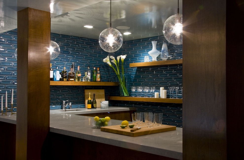 Inspiration for a retro kitchen in New York with open cabinets, blue splashback and ceramic splashback.