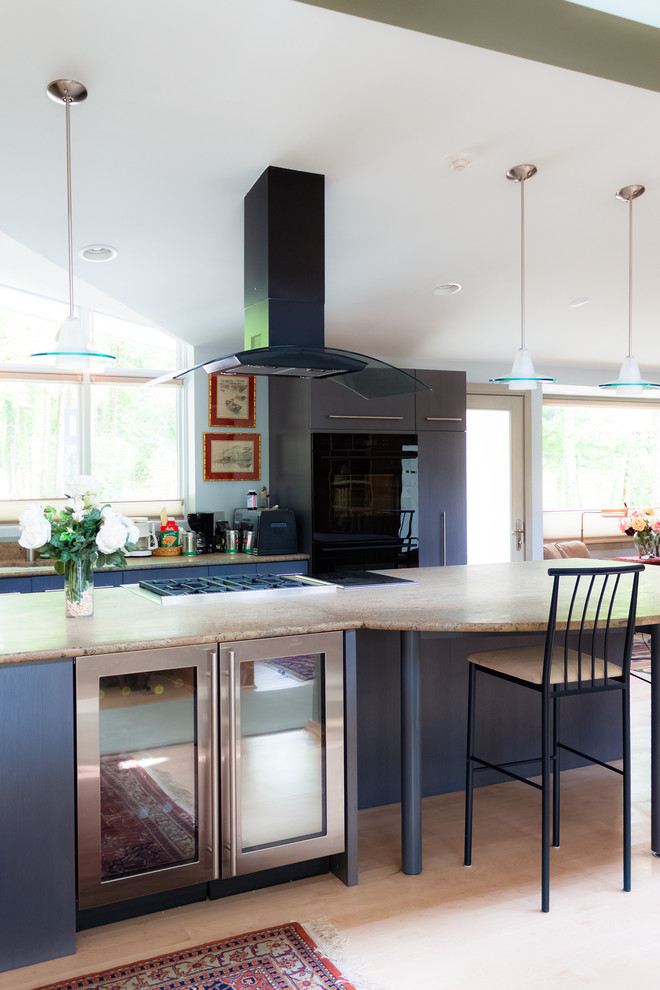 Свежая идея для дизайна: кухня-гостиная в стиле ретро с плоскими фасадами, синими фасадами, черной техникой и островом - отличное фото интерьера