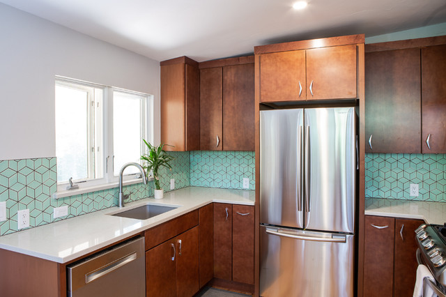 Midcentury Modern Style Kitchen with Blue Tile Backsplash - Midcentury ...