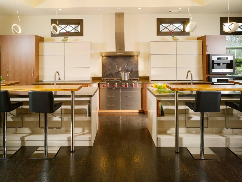 This is an example of a modern kitchen in Atlanta with flat-panel cabinets and white cabinets.