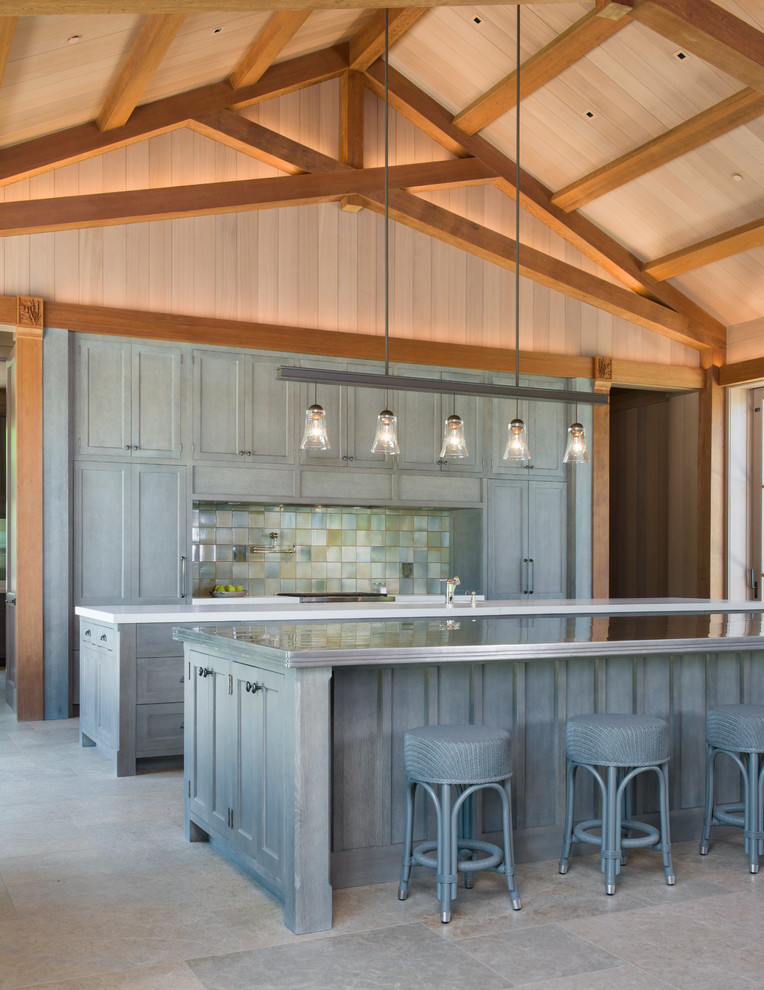 Example of a huge arts and crafts galley eat-in kitchen design in Omaha with beaded inset cabinets, gray cabinets, blue backsplash, ceramic backsplash, paneled appliances and two islands