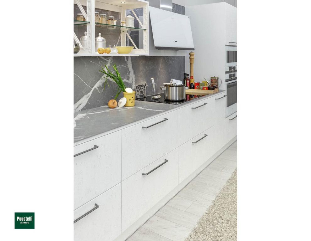 Design ideas for a medium sized scandinavian single-wall enclosed kitchen in Cardiff with a built-in sink, flat-panel cabinets, white cabinets, quartz worktops, grey splashback, ceramic splashback, coloured appliances, laminate floors, an island, grey floors and white worktops.