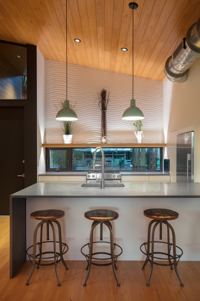 Example of a small danish single-wall light wood floor, multicolored floor and wood ceiling open concept kitchen design in Other with an integrated sink, flat-panel cabinets, white cabinets, concrete countertops, window backsplash, stainless steel appliances, a peninsula and gray countertops