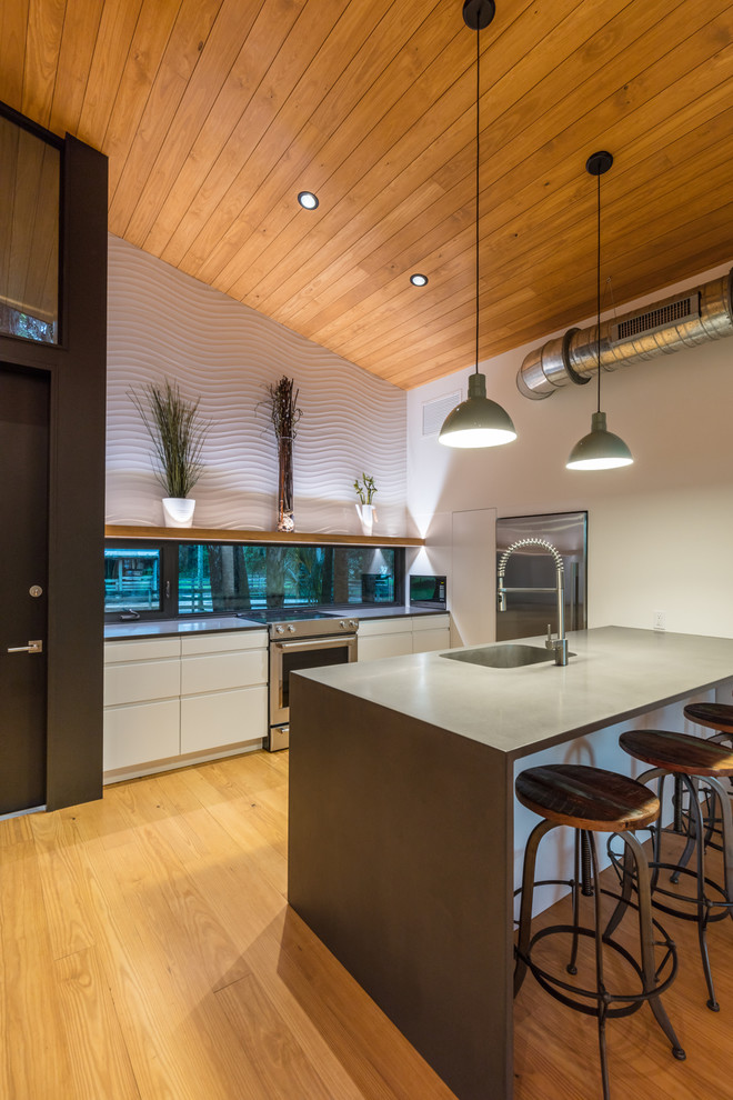 Foto på ett litet industriellt grå linjärt kök med öppen planlösning, med en integrerad diskho, släta luckor, vita skåp, bänkskiva i betong, rostfria vitvaror, en halv köksö, flerfärgat golv, fönster som stänkskydd och ljust trägolv