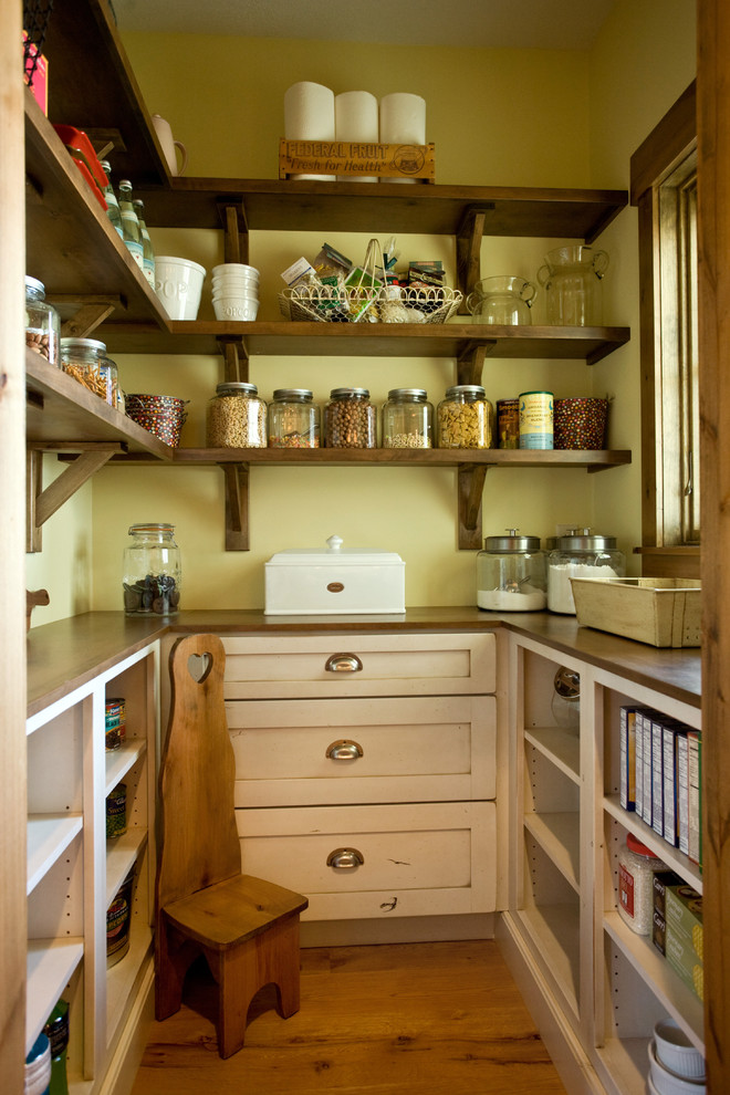 Country kitchen pantry photo in Minneapolis with open cabinets