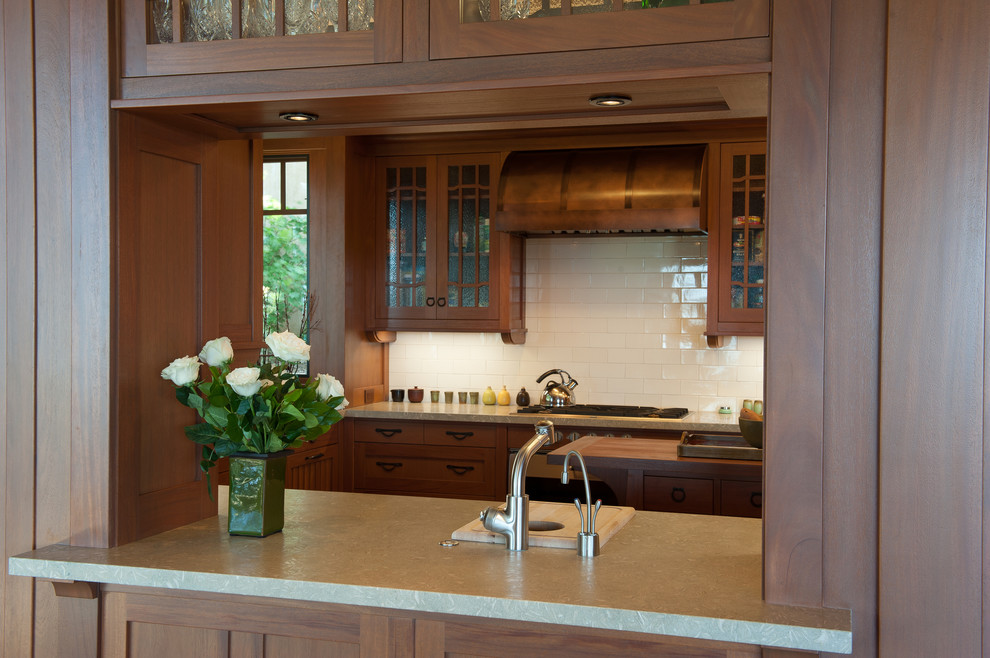 Ejemplo de cocina de estilo americano pequeña con fregadero de un seno, armarios tipo vitrina, puertas de armario de madera oscura, encimera de mármol y salpicadero blanco